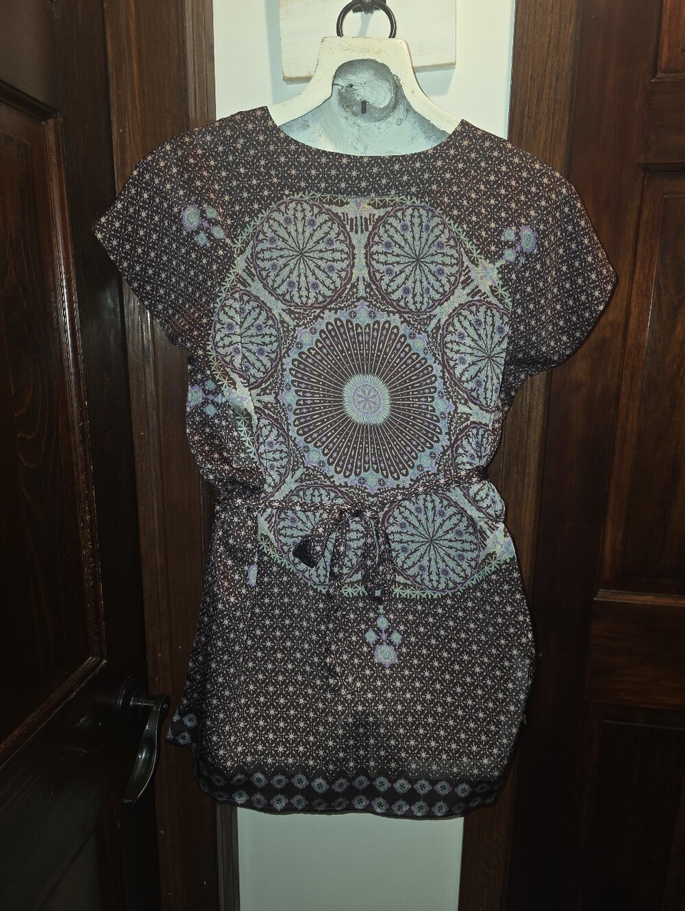Oasis Patterned Kaftan Silky Mini-Dress with Tie from TWENTY ONE Size Small